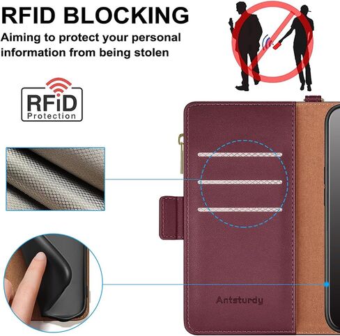 Antsturdy لهاتف iPhone X، محفظة نسائية مع حامل بطاقة، جلد PU 【RFID Blocking】 جراب هاتف iPhone Xs للرجال غطاء مقاوم للصدمات مع حزام بسحاب وفتحات لبطاقة الائتمان، أحمر خمري in Kuwait