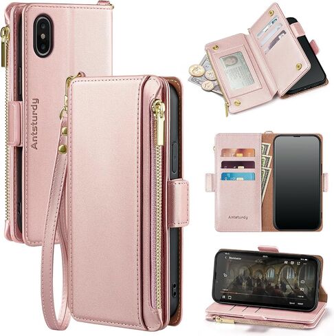 Antsturdy لهاتف iPhone X، محفظة نسائية مع حامل بطاقة، جلد PU 【RFID Blocking】 جراب هاتف iPhone Xs للرجال غطاء مقاوم للصدمات مع حزام بسحاب وفتحات لبطاقة الائتمان، أحمر خمري in Kuwait