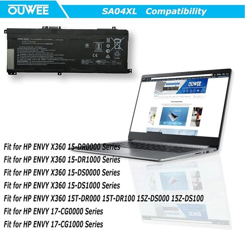بطارية كمبيوتر محمول OUWEE SA04XL متوافقة مع HP Envy X360 15-DR 15-DR0010TX Series Notebook HSTNN-OB1F HSTNN-OB1G HSTNN-UB7U L43248-541 L43248-AC1 L43248-AC2 L43267-005 SAO4XL 15.12V 55.67Wh in Saudi Arabia