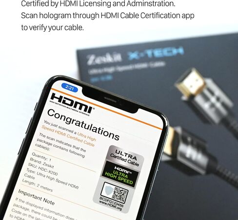 Zeskit X-Tech 48Gbps Ultra High Speed HDMI Cable 6.5ft, 8K60 4K120 144Hz eARC HDR HDCP 2.2 2.3 Compatible with Dolby Vision Apple TV 4K Roku Sony LG Samsung Xbox Series X RTX 3080 PS4 PS5 in Kuwait