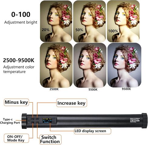 عصا اضاءة فيديو LED محمولة باليد من بيتوبول بقوة 10 واط / 1200 لومن و2500 كلفن - 9900 كلفن/5200mAh/CRI 95+/21 وضع مشهد/اضاءة تصوير فوتوغرافي محمولة قابلة لاعادة الشحن من النوع سي للمدونات والتصوير in Kuwait