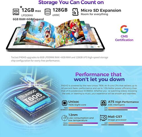 تابلت تيكلاست 10 بوصة أندرويد 12 تابلت، P40HD 12 جيجابايت + 128 جيجابايت، تابلت أندرويد 8 كور مع توسيع 1 تيرابايت، 1920 * 1200 IPS، 2.4G/5G WiFi، بلوتوث، GPS، 6000 مللي أمبير، مكبر صوت كاميرا مزدوجة in Kuwait