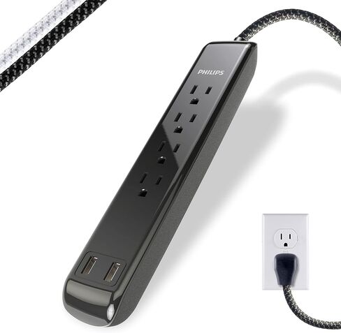 واقي التيار الكهربائي بـ 4 منافذ من فيليبس مع منفذي USB، وسلك طاقة بطول 4 أقدام، وسلك تمديد مضفر مصمم، وسلك تمديد مسطح، مثالي لديكور المكتب أو المنزل، 720 جول، 2.4 أمبير USB، SPC62 in Saudi Arabia