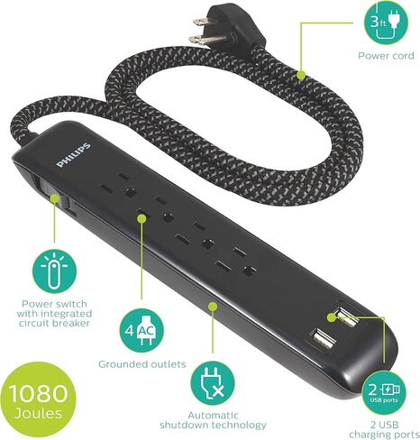 واقي التيار الكهربائي بـ 4 منافذ من فيليبس مع منفذي USB، وسلك طاقة بطول 4 أقدام، وسلك تمديد مضفر مصمم، وسلك تمديد مسطح، مثالي لديكور المكتب أو المنزل، 720 جول، 2.4 أمبير USB، SPC62 in Saudi Arabia