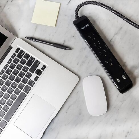 واقي التيار الكهربائي بـ 4 منافذ من فيليبس مع منفذي USB، وسلك طاقة بطول 4 أقدام، وسلك تمديد مضفر مصمم، وسلك تمديد مسطح، مثالي لديكور المكتب أو المنزل، 720 جول، 2.4 أمبير USB، SPC62 in Saudi Arabia
