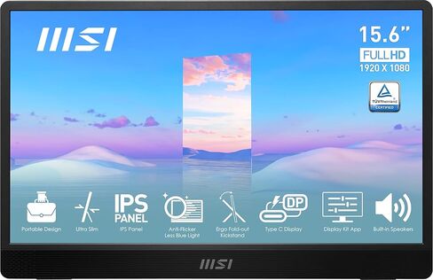شاشة MSI Pro MP161 المحمولة، 15.6 بوصة FHD IPS 1080p، USB من النوع C، Mini-HDMI، مكبرات صوت مدمجة، مثالية للكمبيوتر الشخصي، Mac، PS5، PS4، Xbox، الهاتف المحمول، رمادي معدني in Kuwait
