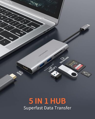 موزع USB C، محول USB C 5 في 1، مع 4K USB C الى HDMI وقارئ بطاقات SD وmicroSD ومنفذي USB 3.0 لماك بوك برو 2020/2019/2018 وايباد برو 2020/2019 وبكسل بوك واكس بي اس وغيرها in Kuwait