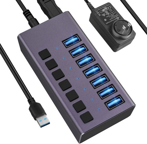 موزع USB 3.0 - موزع USB يعمل بـ 7 منافذ، محور شحن USB بقدرة 36 ​​وات مع مفاتيح تشغيل/إيقاف فردية ومحول طاقة 12 فولت/3 أمبير وإضاءة للكمبيوتر الشخصي والكمبيوتر المحمول والكمبيوتر المحمول والأقراص الصلبة المحمولة ومحرك الأقراص المحمول والمزيد (بنفسجي) in Kuwait