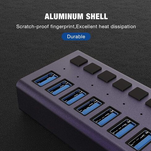 موزع USB 3.0 - موزع USB يعمل بـ 7 منافذ، محور شحن USB بقدرة 36 ​​وات مع مفاتيح تشغيل/إيقاف فردية ومحول طاقة 12 فولت/3 أمبير وإضاءة للكمبيوتر الشخصي والكمبيوتر المحمول والكمبيوتر المحمول والأقراص الصلبة المحمولة ومحرك الأقراص المحمول والمزيد (بنفسجي) in Kuwait