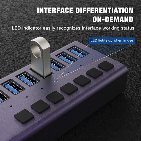 موزع USB 3.0 - موزع USB يعمل بـ 7 منافذ، محور شحن USB بقدرة 36 ​​وات مع مفاتيح تشغيل/إيقاف فردية ومحول طاقة 12 فولت/3 أمبير وإضاءة للكمبيوتر الشخصي والكمبيوتر المحمول والكمبيوتر المحمول والأقراص الصلبة المحمولة ومحرك الأقراص المحمول والمزيد (بنفسجي) in Kuwait
