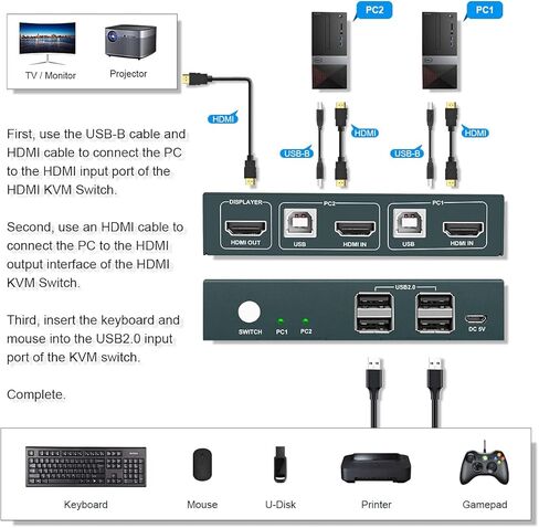 منفذ KVM Switch HDMI 2، دقة UHD 4K@60 هرتز YUV4:4:4 متوافق مع الأسفل، 4 USB2.0، يدعم الطابعات وأجهزة USB الأخرى، مفتاح واحد للتبديل، مع جميع الكابلات المطلوبة... (2X1 4k@60 هرتز) in Kuwait