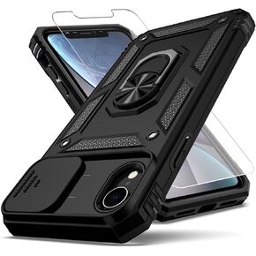 حافظة YZOK لهاتف iPhone XR، مع غطاء عدسة الكاميرا وواقي شاشة HD، [درجة عسكرية] حامل حلقي للسيارة ومسند هجين صلب من مادة TPU الناعمة المقاومة للصدمات لهاتف iPhone XR-أسود