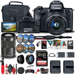 كاميرا Canon EOS M50 الرقمية بدون مرآة مع عدسات 15-45 مم و55-200 مم (أسود) (2680C021) + بطاقة سعة 64 جيجابايت + طقم مرشح الألوان + حقيبة + طقم مرشح + برنامج Corel Photo Software + بطارية LPE12 + المزيد (متجددة) in Saudi Arabia