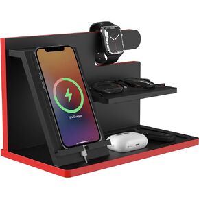 Bemmo Wooden Cell Phone Docking Station - Watch Stand Desk Organizer for Men - Black Men’s Docking Station with a Stylish Red Trim - Father’s Day, Anniversary, and Birthday Gifts for Men in Saudi Arabia