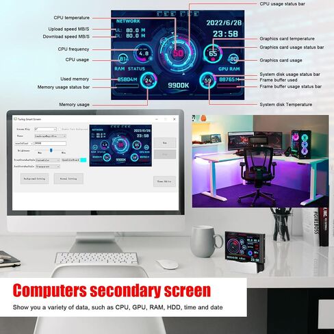 شاشة مراقبة Walfront شاشة عرض صغيرة IPS عرض كامل وحدة المعالجة المركزية وحدة معالجة الرسومات RAM HDD وقت التاريخ شاشة ذكية للكمبيوتر in Saudi Arabia