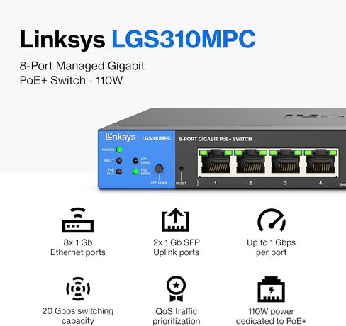 Linksys LGS310MPC 8 Port Gigabit Network PoE+ Switch @ 110W with 2 Uplink Gigabit SFP Slots - Advanced Security, QoS, Static Routing, VLAN, IGMP Features - Metal Housing, Desktop / Wall Mount in Saudi Arabia