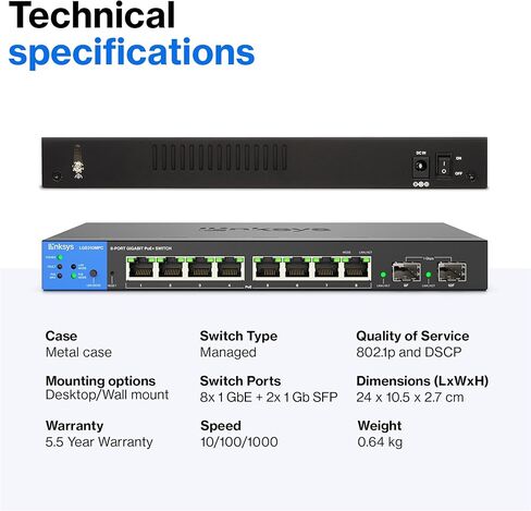 Linksys LGS310MPC 8 Port Gigabit Network PoE+ Switch @ 110W with 2 Uplink Gigabit SFP Slots - Advanced Security, QoS, Static Routing, VLAN, IGMP Features - Metal Housing, Desktop / Wall Mount in Saudi Arabia