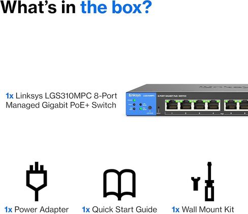 Linksys LGS310MPC 8 Port Gigabit Network PoE+ Switch @ 110W with 2 Uplink Gigabit SFP Slots - Advanced Security, QoS, Static Routing, VLAN, IGMP Features - Metal Housing, Desktop / Wall Mount in Saudi Arabia