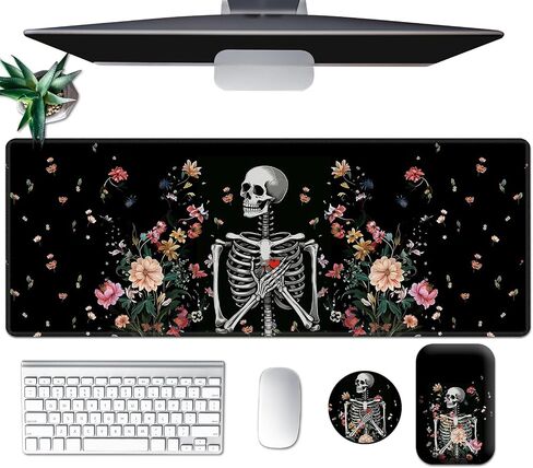 Large Mouse Pad Set, Desk Mat + Elbow Rest Pad + Coaster, Easy Typing Pain Relief, Ergonomic Arm Rest Pad with Memory Foam, Extended Desk Pad Anti-Slip Rubber Base for Office Home, Floral Skull in Saudi Arabia