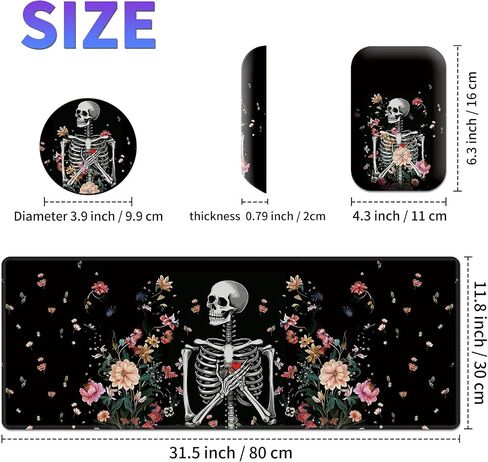 Large Mouse Pad Set, Desk Mat + Elbow Rest Pad + Coaster, Easy Typing Pain Relief, Ergonomic Arm Rest Pad with Memory Foam, Extended Desk Pad Anti-Slip Rubber Base for Office Home, Floral Skull in Saudi Arabia