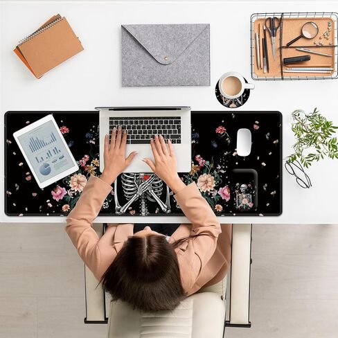 Large Mouse Pad Set, Desk Mat + Elbow Rest Pad + Coaster, Easy Typing Pain Relief, Ergonomic Arm Rest Pad with Memory Foam, Extended Desk Pad Anti-Slip Rubber Base for Office Home, Floral Skull in Saudi Arabia