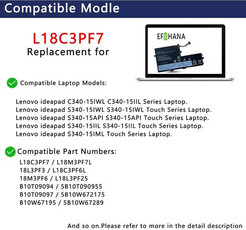 L18C3PF7 استبدال بطارية الكمبيوتر المحمول لينوفو IdeaPad S340-14API S340-14IIL S340-14IML S340-14IWL S340-15API S340-15API Series L18L3PF2 L18M3PF7 L18M3PF6 L18C3PF6 11.25V 52.5Wh 4670 ماه in Saudi Arabia