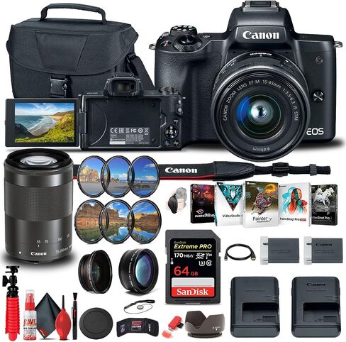 كاميرا Canon EOS M50 الرقمية بدون مرآة مع عدسات 15-45 مم و55-200 مم (أسود) (2680C021) + بطاقة سعة 64 جيجابايت + طقم مرشح الألوان + حقيبة + طقم مرشح + برنامج Corel Photo Software + بطارية LPE12 + المزيد (متجددة) in Saudi Arabia