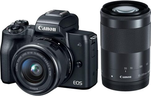 كاميرا Canon EOS M50 الرقمية بدون مرآة مع عدسات 15-45 مم و55-200 مم (أسود) (2680C021) + بطاقة سعة 64 جيجابايت + طقم مرشح الألوان + حقيبة + طقم مرشح + برنامج Corel Photo Software + بطارية LPE12 + المزيد (متجددة) in Saudi Arabia