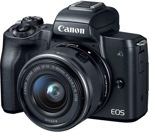 كاميرا Canon EOS M50 الرقمية بدون مرآة مع عدسات 15-45 مم و55-200 مم (أسود) (2680C021) + بطاقة سعة 64 جيجابايت + طقم مرشح الألوان + حقيبة + طقم مرشح + برنامج Corel Photo Software + بطارية LPE12 + المزيد (متجددة) in Saudi Arabia