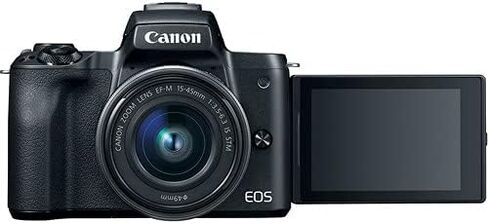 كاميرا Canon EOS M50 الرقمية بدون مرآة مع عدسات 15-45 مم و55-200 مم (أسود) (2680C021) + بطاقة سعة 64 جيجابايت + طقم مرشح الألوان + حقيبة + طقم مرشح + برنامج Corel Photo Software + بطارية LPE12 + المزيد (متجددة) in Saudi Arabia