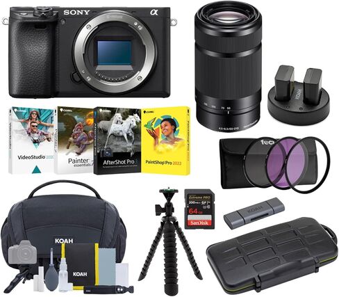 حزمة كاميرا رقمية بدون مراة Sony a6400 : عدسة 16-50 مم، عدسات 55-210 مم، بطاقة SDXC سعة 64 جيجابايت ومجموعة ترشيح وبطاريات، وشاحن USB، جناح صور كوريل وحقيبة ساعي وحزمة مرنة ثلاثية العجلات (9 عناصر) in Saudi Arabia