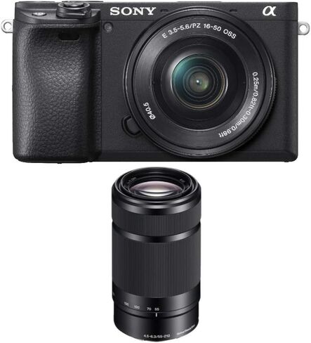 حزمة كاميرا رقمية بدون مراة Sony a6400 : عدسة 16-50 مم، عدسات 55-210 مم، بطاقة SDXC سعة 64 جيجابايت ومجموعة ترشيح وبطاريات، وشاحن USB، جناح صور كوريل وحقيبة ساعي وحزمة مرنة ثلاثية العجلات (9 عناصر) in Saudi Arabia