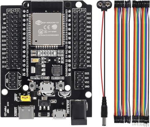 ESP32-WROOM-32 ESP32 ESP-32S لوحة تطوير 30Pins CP2102 2.4 جيجا هرتز WiFi Bluetooth ثنائي النواة لـ Arduino DOIT، مع لوحة توسيع USB GPIO من النوع C + كابل طاقة بطارية 9 فولت + سلك توصيل in Kuwait