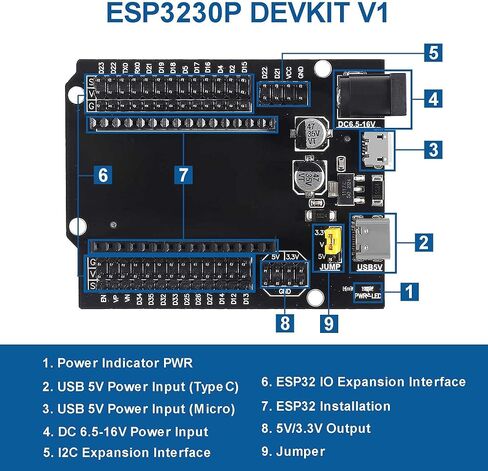 ESP32-WROOM-32 ESP32 ESP-32S لوحة تطوير 30Pins CP2102 2.4 جيجا هرتز WiFi Bluetooth ثنائي النواة لـ Arduino DOIT، مع لوحة توسيع USB GPIO من النوع C + كابل طاقة بطارية 9 فولت + سلك توصيل in Kuwait
