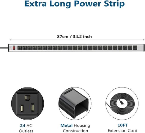 BTU Long Heavy Duty Power Strip 24 Outlet Large Metal Power Strips Garage Workshop Commercial Industrial Power Strips with Circuit Breaker.10FT Cord 15A 125V 1875W (Black) in Kuwait