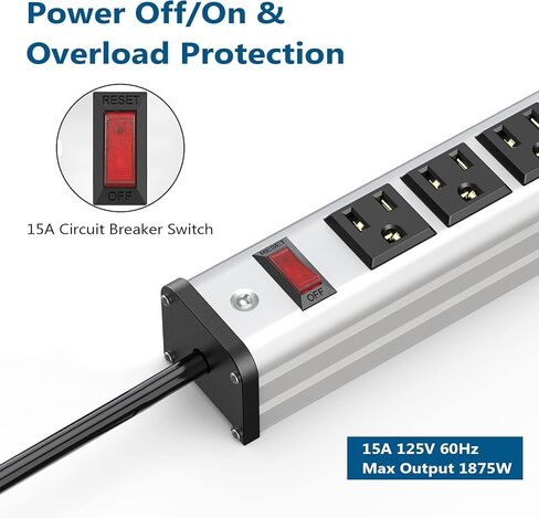 BTU Long Heavy Duty Power Strip 24 Outlet Large Metal Power Strips Garage Workshop Commercial Industrial Power Strips with Circuit Breaker.10FT Cord 15A 125V 1875W (Black) in Kuwait