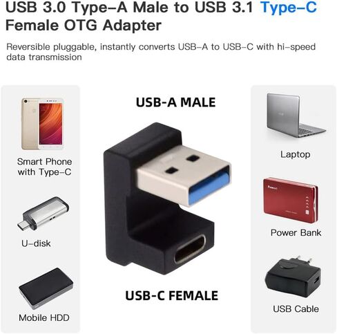 Cablecc 90 درجة منخفضة الجانب الأيمن والأيسر بزاوية USB 3.1 Type-C ذكر إلى أنثى تمديد محول لأجهزة الكمبيوتر المحمول والكمبيوتر اللوحي والهاتف in Saudi Arabia