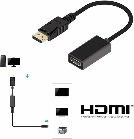 محول دي بي ذكر الى HDMI انثى من ديسبلاي بورت، JR جويريب 4 كيه مطلي بالذهب ثلاثي الابعاد 25 سم / 0.8 قدم منفذ عرض دي بي الى كيبل HDMI ذكر الى انثى (اسود) in Kuwait