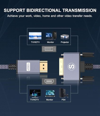 كابل HDMI إلى DVI، محول LANDEOSEN DVI إلى HDMI بطول 6 أقدام عالي السرعة ثنائي الاتجاه من النايلون المضفر HDMI ذكر إلى DVI-D 24+1 ذكر يدعم 1080P Full HD متوافق مع Roku، PS3/4، Blu-ray، الكمبيوتر المحمول الرمادي in Kuwait