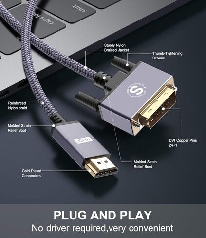 كابل HDMI إلى DVI، محول LANDEOSEN DVI إلى HDMI بطول 6 أقدام عالي السرعة ثنائي الاتجاه من النايلون المضفر HDMI ذكر إلى DVI-D 24+1 ذكر يدعم 1080P Full HD متوافق مع Roku، PS3/4، Blu-ray، الكمبيوتر المحمول الرمادي in Kuwait