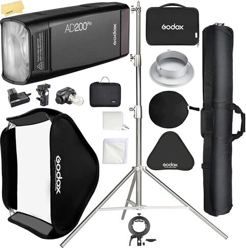 GODOX AD200 Pro AD200Pro Flash for Sony Canon Nikon Fujifilm Fuji Olympus Camera,0.01-1.8s Recycle Time+60X60cm/24 X24 Godox Softbox+Godox S2 Holder Bracket+2.8M Heavy Duty Light Stand and Carry Bag in Saudi Arabia