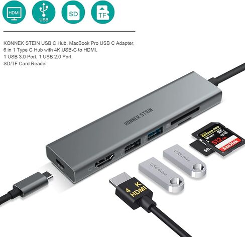 موزع USB C من KONNEK STEIN، منفذ USB C 7 في 1 إلى 4k أو 2K HDMI، فتحة SD Micro SD 2.0، 3 منافذ USB A، منفذ شحن من النوع C لتوصيل الطاقة، محطة إرساء MacBook Pro XPS المزيد من أجهزة النوع C in Kuwait