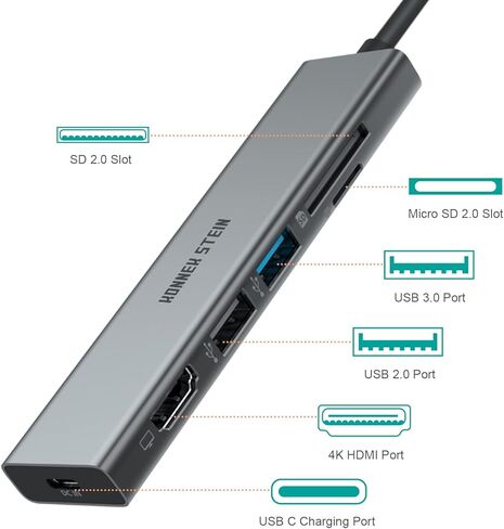 موزع USB C من KONNEK STEIN، منفذ USB C 7 في 1 إلى 4k أو 2K HDMI، فتحة SD Micro SD 2.0، 3 منافذ USB A، منفذ شحن من النوع C لتوصيل الطاقة، محطة إرساء MacBook Pro XPS المزيد من أجهزة النوع C in Kuwait