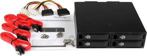 StarTech.com 4-Bay Mobile Rack Backplane لمحركات أقراص SATA/SAS مقاس 2.5 بوصة - محركات أقراص SSD/HDD قابلة للتبديل السريع من 5-15 مم - تدعم SAS II وSATA III (6 جيجابت في الثانية) (SATSASBP425)، أسود in Kuwait