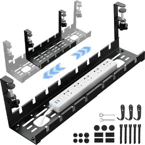 POKIPO Under Desk Cable Management Tray, Cable Management Under Desk, Retractable Under Desk Cord Organizer Wire Management No Drill Cable Tray with Clamp, Black Metal Rack Basket for Standing Desk in Kuwait