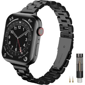 Burloreme Solid Slim Metal Bands Compatible with Apple Watch Band Series 9 8 7 6 5 4 3 2 1 SE Ultra, 38mm 40mm 41mm 42mm 44mm 45mm 49mm, Thin Stainless Steel Chain Strap for Women iWatch Bands