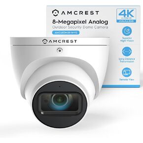 كاميرا أمان خارجية تناظرية 4K من Amcrest، كاميرا Turret 8MP @20fps CCTV-Coax-BNC، رؤية ليلية 98 قدمًا، زاوية 125 درجة، ميكروفون مدمج، أسود (AMC4KDM28-B)، (ليست كاميرا IP) يتطلب DVR، غير متضمن)