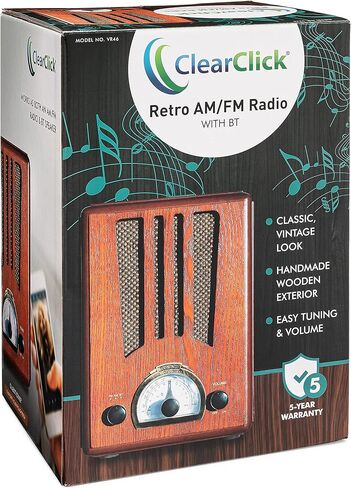 راديو ClearClick Classic Vintage Retro Style AM/FM مع بلوتوث - جزء خارجي خشبي مصنوع يدويًا in Kuwait