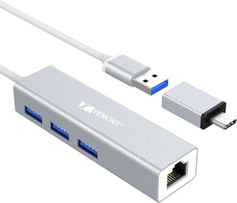 موزع USB 3.0 مع محول جيجابت إيثرنت، منفذ VEMONT ألومنيوم USB 3.0 إلى 1000 متر LAN و3 منافذ USB 3.0، مقسم USB مع محول من النوع C متوافق مع أجهزة Mac وChromebook والسطح وأجهزة الكمبيوتر/الكمبيوتر المحمول الأخرى in Kuwait