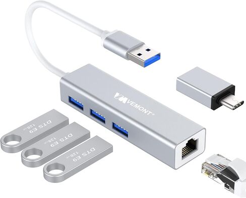 موزع USB 3.0 مع محول جيجابت إيثرنت، منفذ VEMONT ألومنيوم USB 3.0 إلى 1000 متر LAN و3 منافذ USB 3.0، مقسم USB مع محول من النوع C متوافق مع أجهزة Mac وChromebook والسطح وأجهزة الكمبيوتر/الكمبيوتر المحمول الأخرى in Kuwait